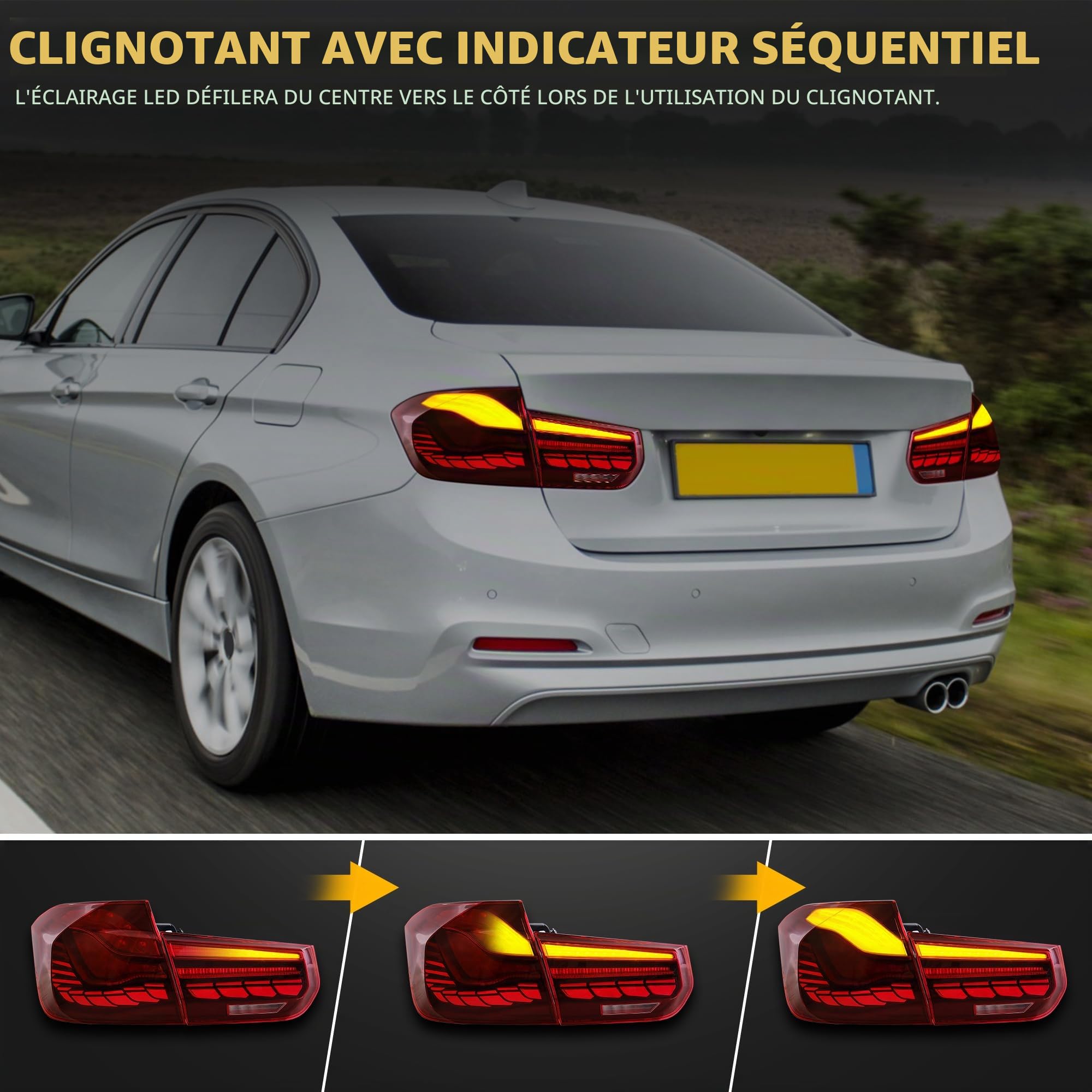 VLAND Feux Arrière OLED pour Série 3 F30 F80 M3 berline 2013-2018, avec affichage dynamique, côté conducteur et passager - Rouge