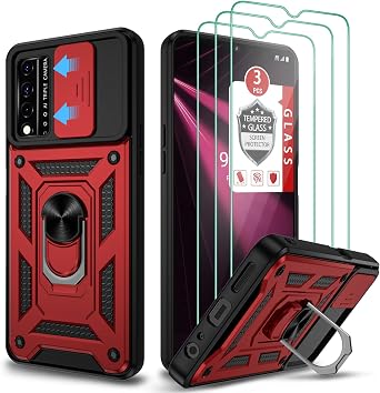for T-Mobile REVVL V+ 5G Case, REVVL V+ 5G Case with [3X Tempered Glass Screen Protector], with Ring Kickstand and Camera Cover TPU+PC Dual Layer Shockproof Phone Rugged Cover - Red
