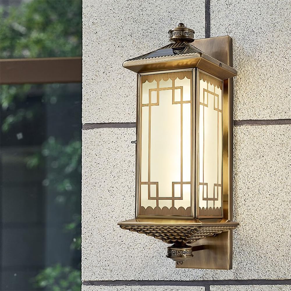 SMCCYYSD Contemporary Outdoor Brass Solar Wall lamp Electric Simplicity Waterproof Balcony Hallway Courtyard Villa Gate Hotel Corridor Lamp (C H55CM Solar)