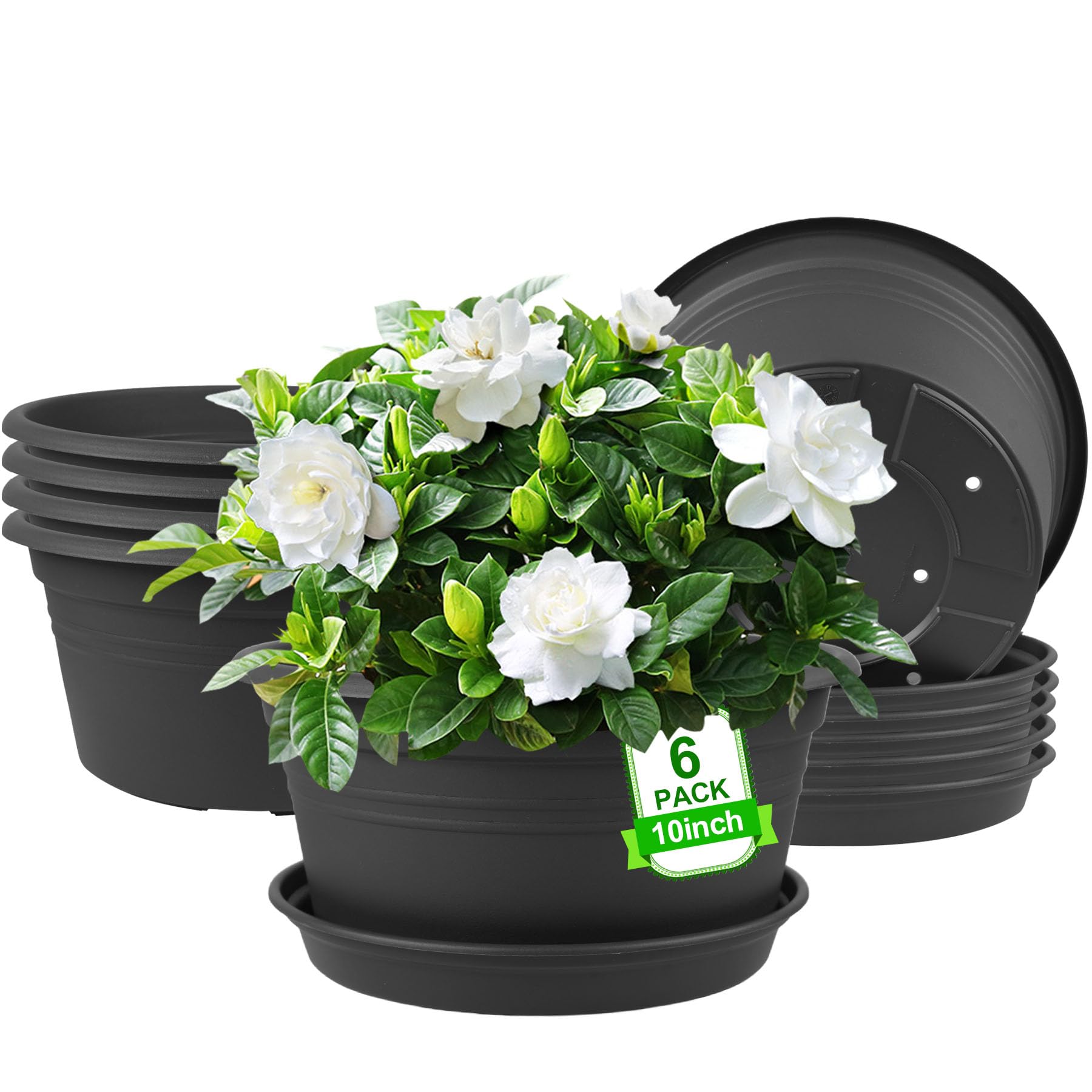 NNARRE 6 Pack 10 inch Plant Pot, Round Plastic Plant Pots, Outdoor Pots for Plants with Drainage Hole & Tray Saucer, Decoration Flower Pots for Indoor Plants Home Garden Outdoor Planters (Grey)