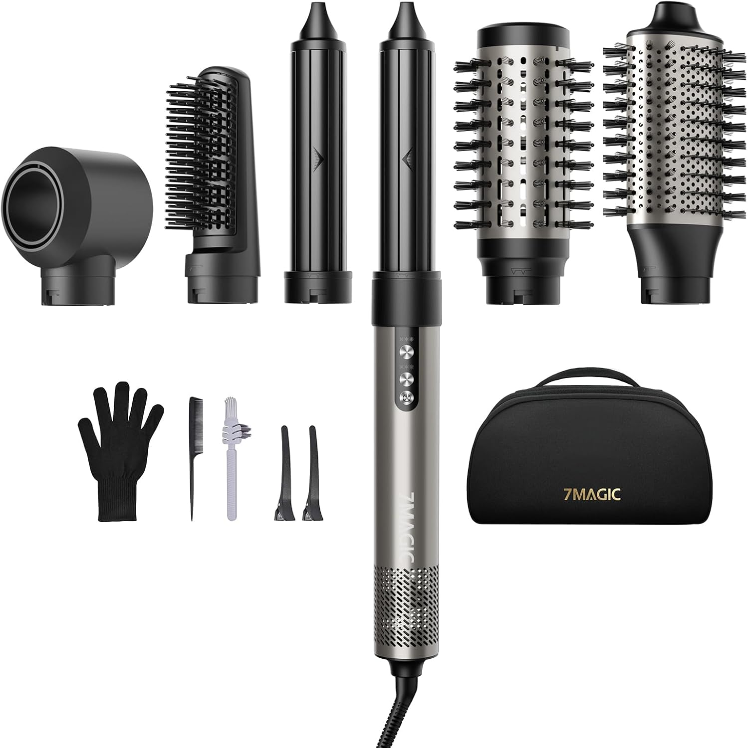 7MAGIC Hair Dryer Brush & 6 in 1 Hair Styler, Silver, 110 Volts, 1200 Watts, Ionic Technology, Fast Drying, Multi Styler for Straight, Wavy, Curly, and Coily Hair