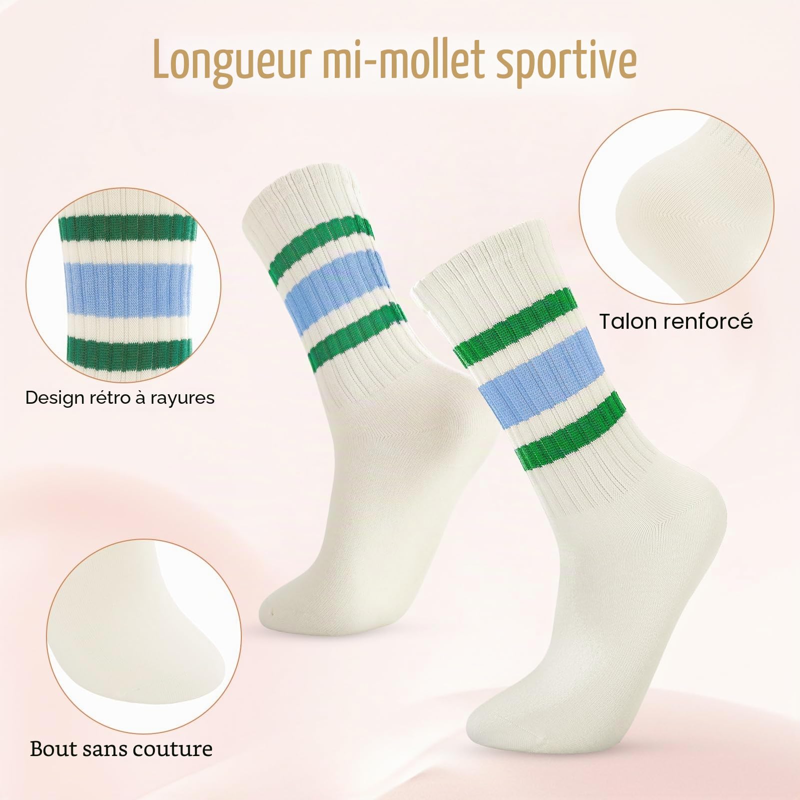 Meng Jiaran Lot de 4 paires de chaussettes de sport pour femme et homme, chaussettes rondes rayées pour femme et homme, taille 4-7, chaussettes décontractées en coton rétro athlétiques pour femme et