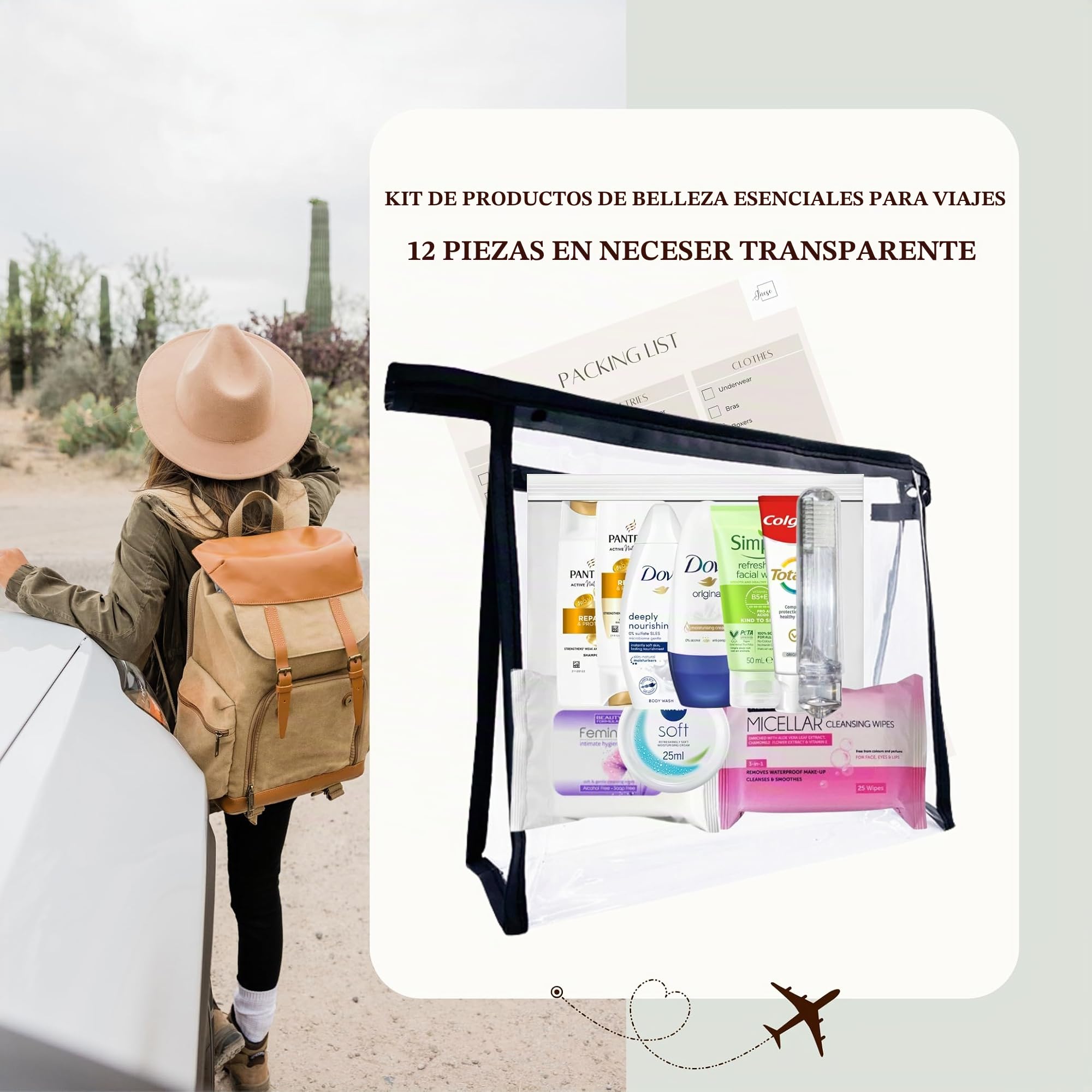 Juego de artículos de tocador de viaje para mujer, kit de aseo esencial de tamaño de viaje para viajes, hospitales, estancias nocturnas, Clear, Bolsa de aseo de viaje