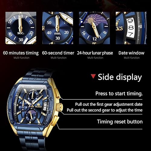 Miniatura 7 de OLEVS Relojes para Hombres Cronógrafo Impermeable Cara Rectangular Fase Lunar Correa de Acero Inoxidable Relojes de Vestir para Hombres Luminoso