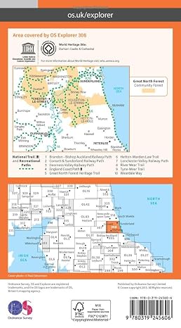 Durham & Sunderland Map | Chester-le-Street & Peterlee | Ordnance Survey | OS Explorer Map 308 | England | Walks | Hiking | Maps | Adventure