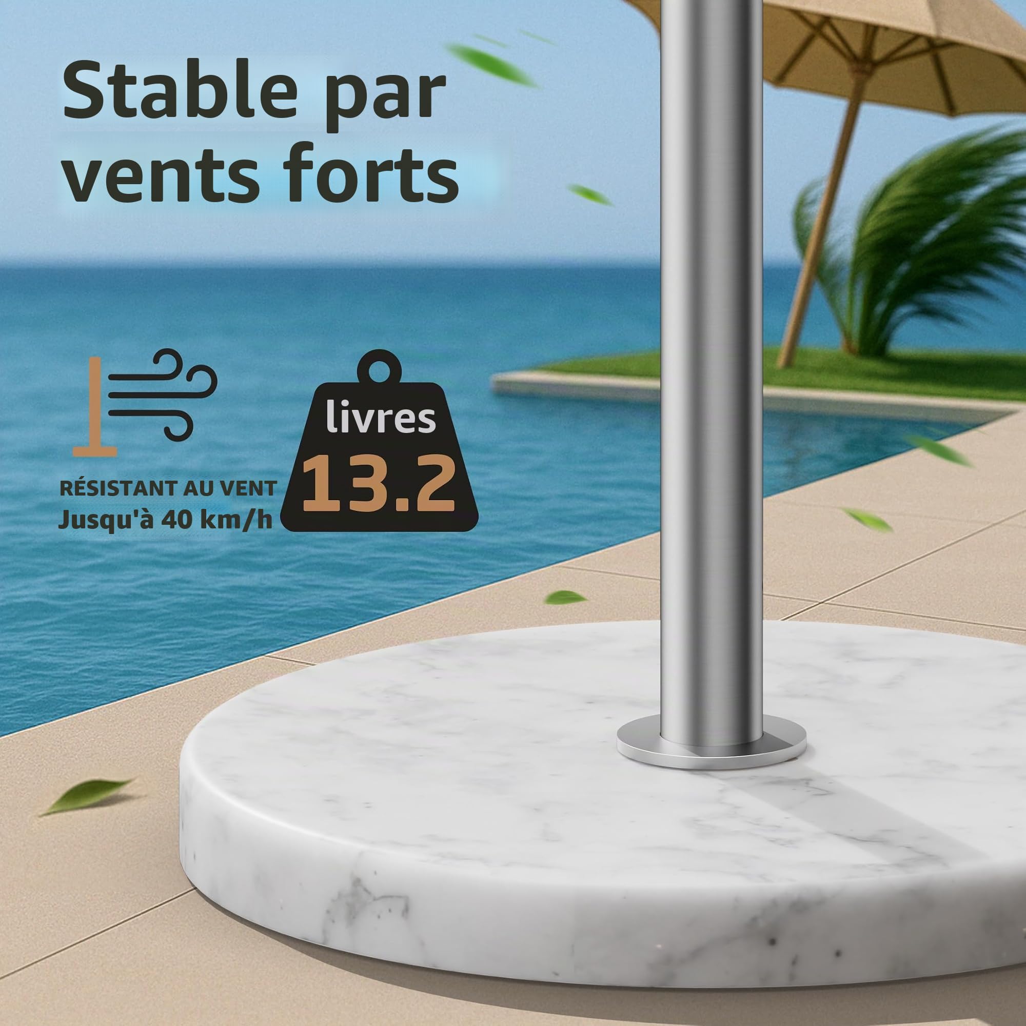 KES OTR204-2 Porte-serviettes de piscine à 8 bras en marbre naturel avec base de poids supplémentaire, réglable à 360 °, porte-serviettes d'extérieur pour piscine et jacuzzi avec plateau de rangement