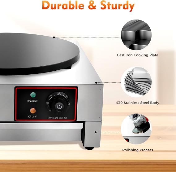 Commercial Electric Crepe Maker, 1700W 16 Inch Electric Pancake Machine, Adjustable 50-300C Crepe Maker Machine Non Stick Crepe Maker Pan for Crepes, Pancakes & Roti