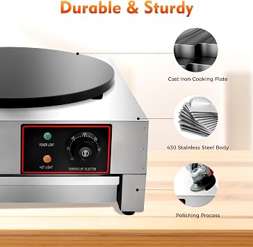 Commercial Electric Crepe Maker, 1700W 16 Inch Electric Pancake Machine, Adjustable 50-300C Crepe Maker Machine Non Stick Crepe Maker Pan for Crepes, Pancakes & Roti