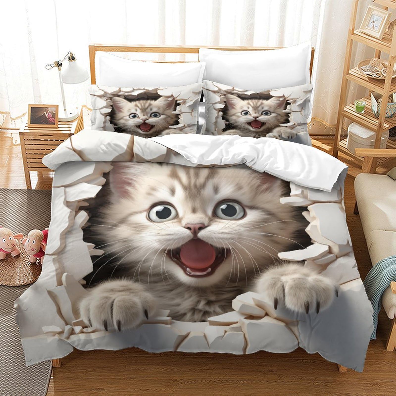 Housses de couettes chat 3 pièces literie respirante contre la chaleur