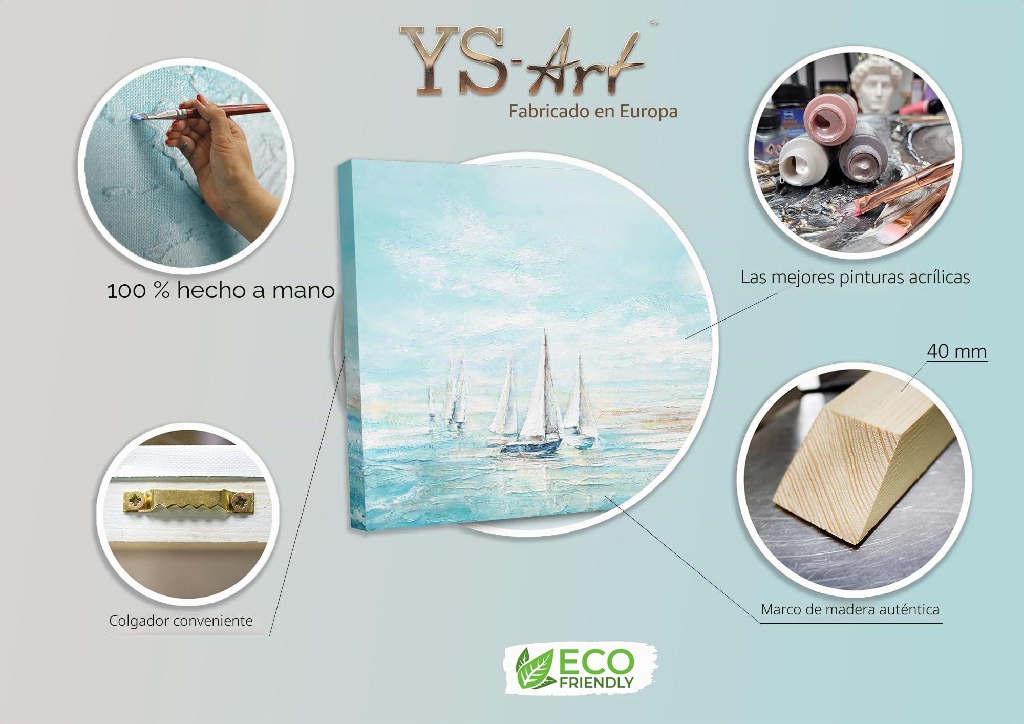 YS-Art Pintura hecha a mano en acrílico Azul marino Paisaje marino en turquesa con veleros blancos Motivo veraniego Arte moderno 120x80 cm