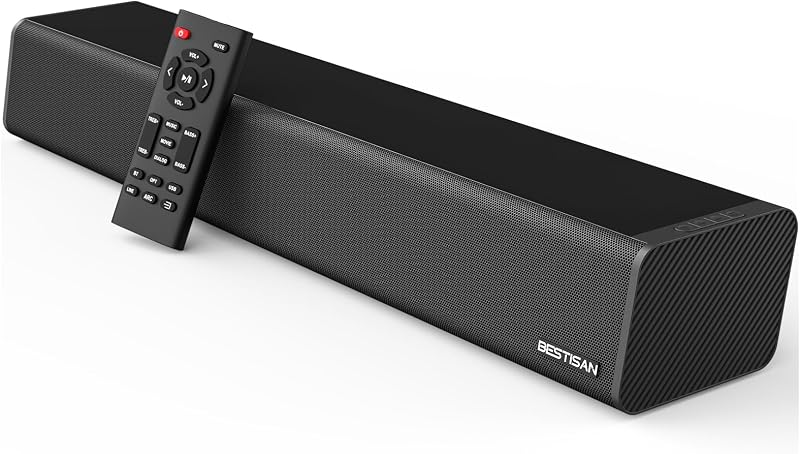 Sound Bar, BESTISAN 50 Watts Soundbar with HDMI, Optical, AUX, USB,Sub Out and Bluetooth Connection, DSP, Bass Adjustable, 16 Inch, Mountable