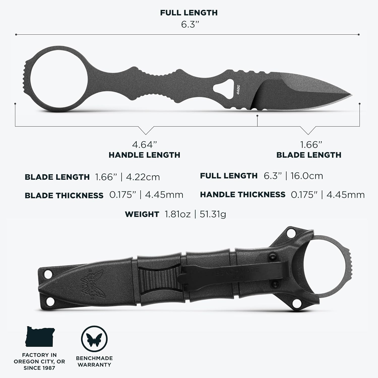 Benchmade SOCP Mini Dagger Tactical Spear-Point Blade, 440C Stainless Steel, Tungsten Grey Handle with Black Sheath