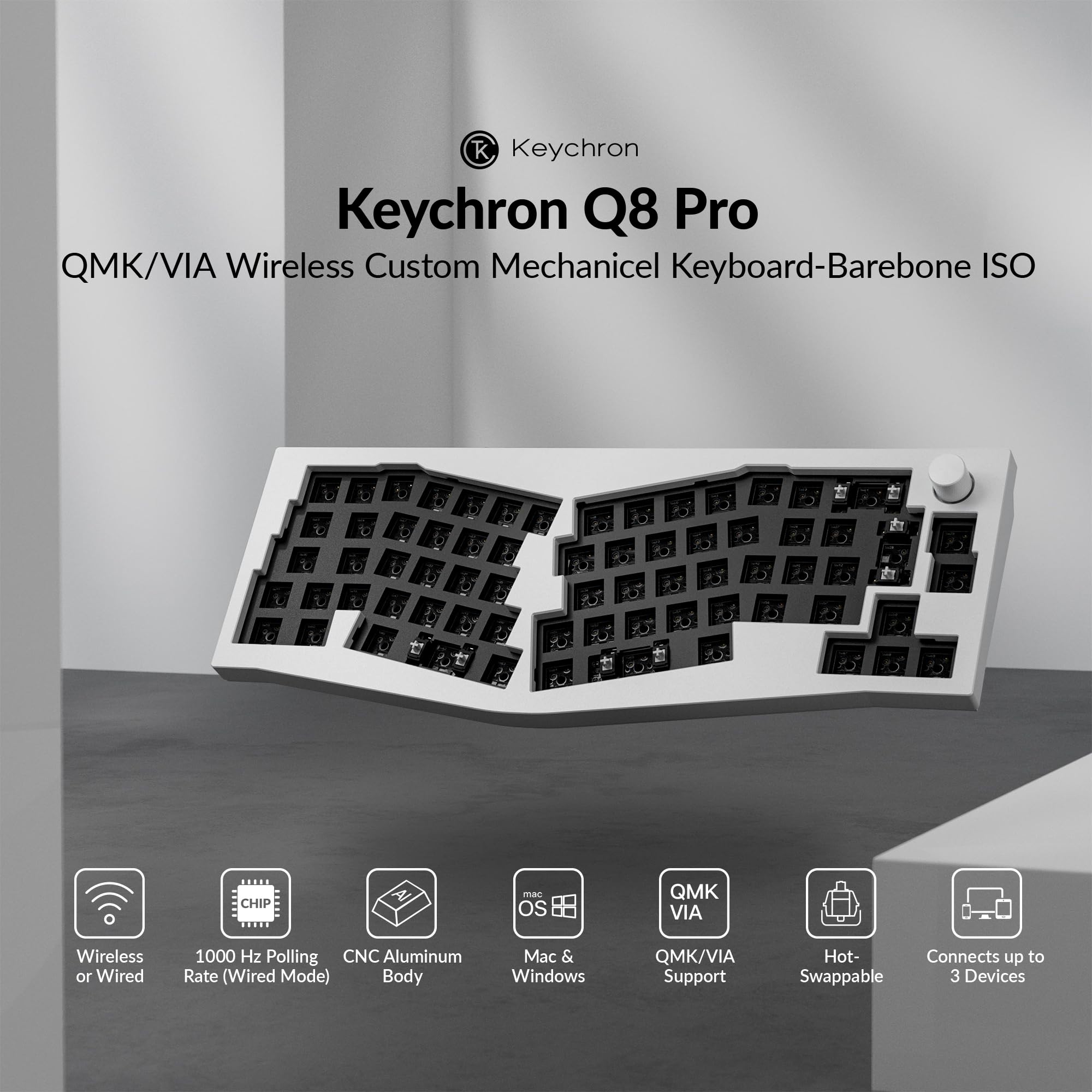 Keychron Q8 Pro Kit de Teclado Mecánico Alice 65% ISO, Cuerpo de Aluminio CNC, Programable QMK, RGB, Bluetooth 5.1, Kit de Juegos Barebone, para Interruptores de 3/5 Pines, Mac y Windows - Blanco