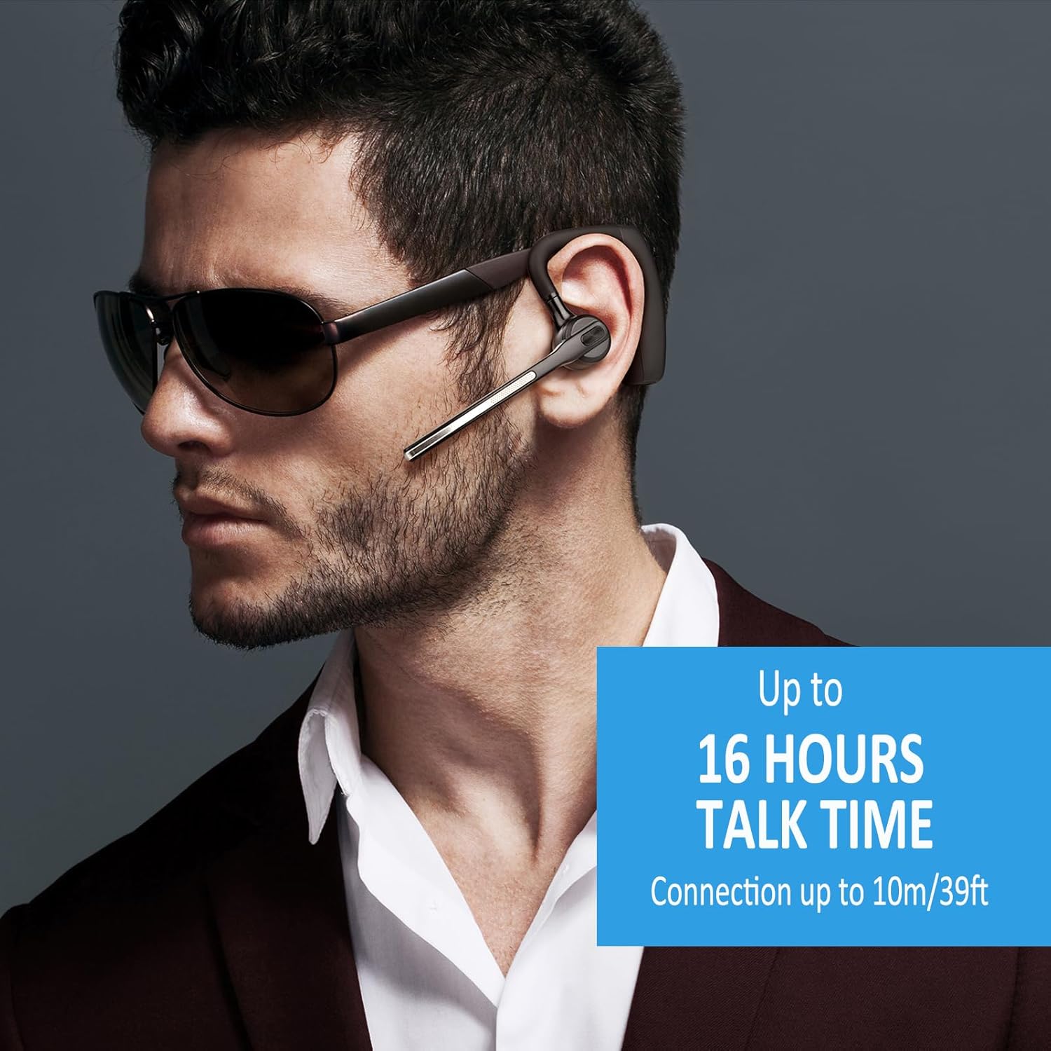 Man wearing the Conambo K18 Bluetooth Headset, demonstrating its comfortable fit.