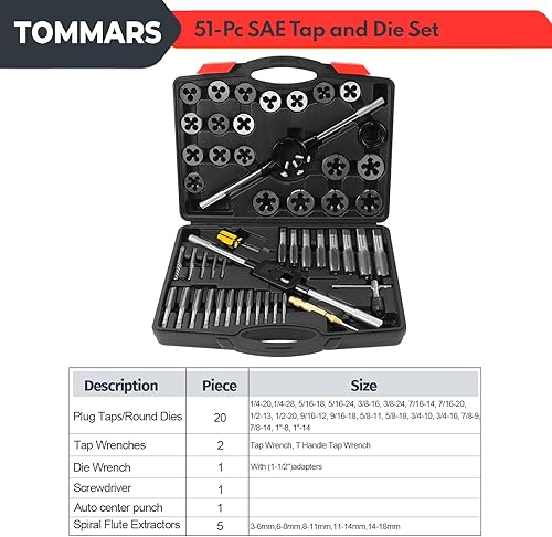 Miniatura 3 de TOMMARS Juego de machos y terrajas de 51 piezas de 1/4-20 a 1-14 con terrajas de roscado redondas SAE para roscado y re-roscado de roscas internas