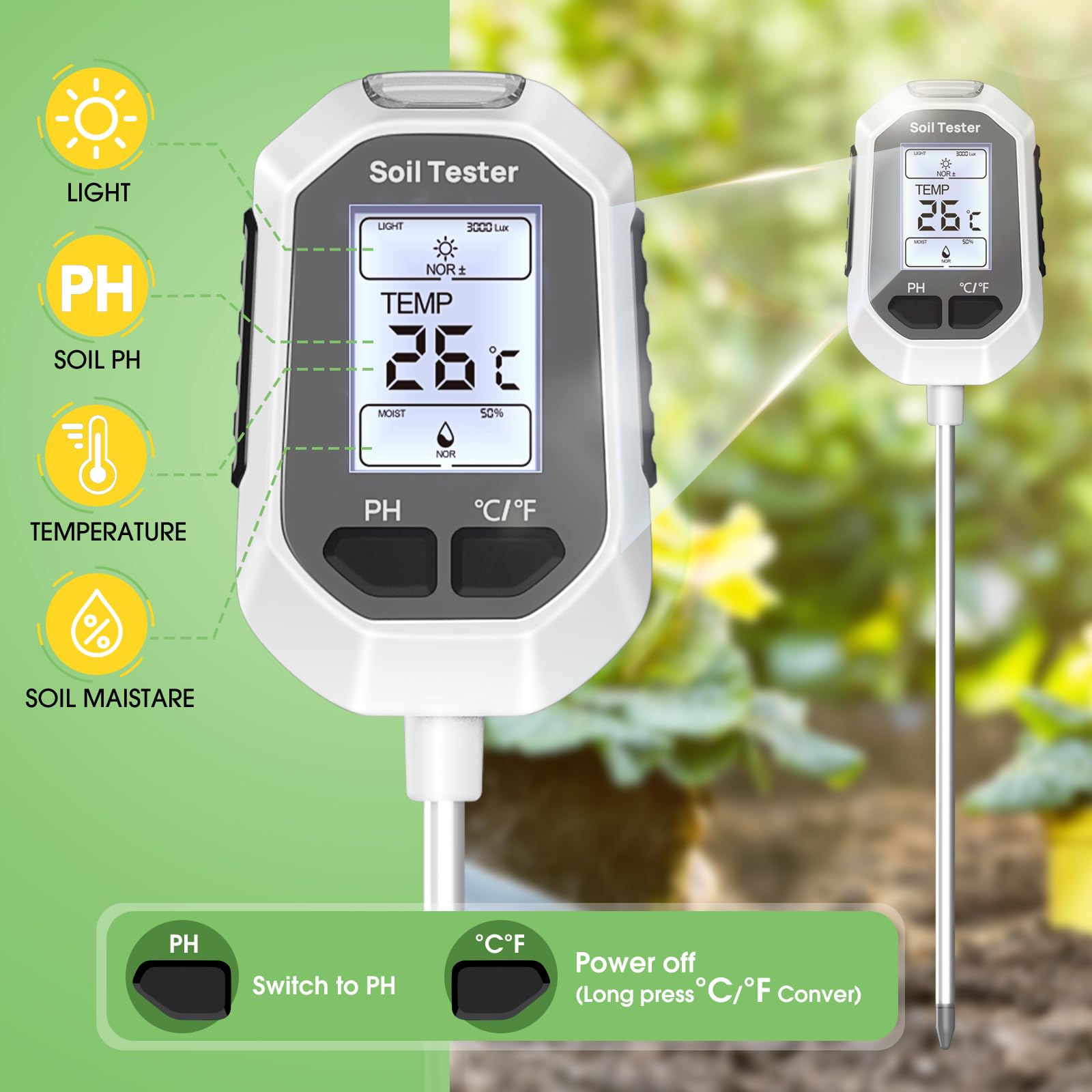 YAMRON 4-in-1 Soil Moisture Meter Digital Plant Temperature/Soil Moisture/PH Meter/Sunlight Intensity Backlight LCD Display Soil Test Meter for Gardening Farming and Outdoor Plants - Image 2