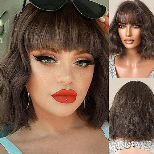 Allbell Pelucas marrones para mujer, peluca corta ondulada con flequillo para mujer, pelucas sintéticas cortas y rizadas, pelucas de pelo de fibra