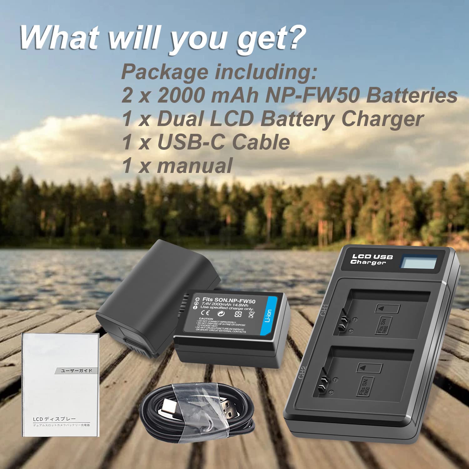 NP-FW50 Akkus 2000mAh und LED Dual Ladegerät für Sony Alpha A6000 A6500 A6400 A6300 A7, A7II, A7R, A7RII, A7S, A7SII, A7S2, RX10, NEX-3/5/7, 6000, 6400, ZV-E10 Kamera (2-Packung)