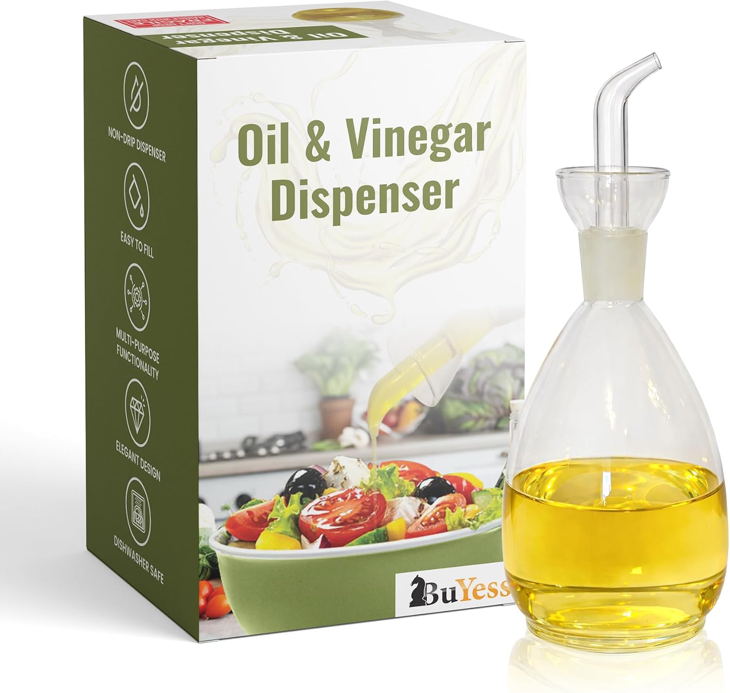 Oil and Vinegar Dispenser, Glass Bottle Cruet with Pourer and Funnel in a special protected case, Drip Free, Dishwasher Safe Olive Oil Pot, Carafe, Decanter for Kitchen, 13.5 oz / 400 ml