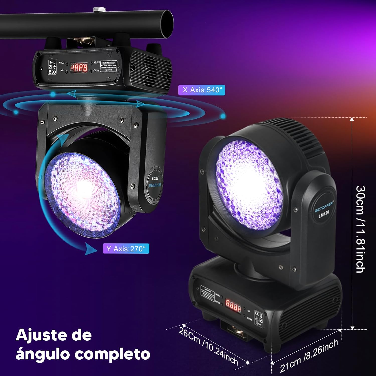 Diagram showing the dimensions and pan/tilt angles of the moving head light.