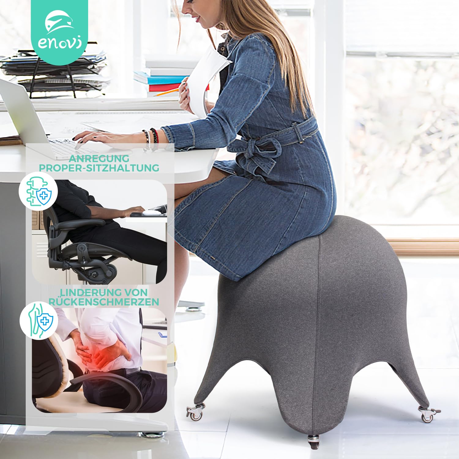 Ball de bureau avec revêtement et roulettes, ballon de siège de bureau, chaise de bureau ergonomique (gris Deepspace, hauteur d’assise 60-65 cm)