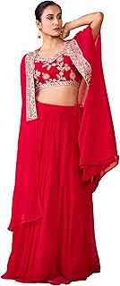 madhuram textiles Women's Georgette Skirt And Crop Top With Long Koti Set For Solid With Embroidery Work Skirt Set(M-2515 ... Price In India