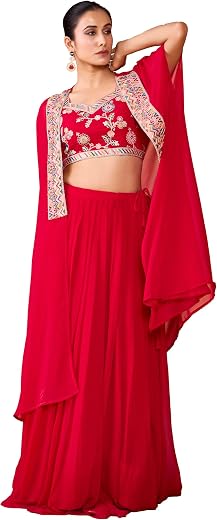 madhuram textiles Women's Georgette Skirt And Crop Top With Long Koti Set For Solid With Embroidery Work Skirt Set(M-2515 ...