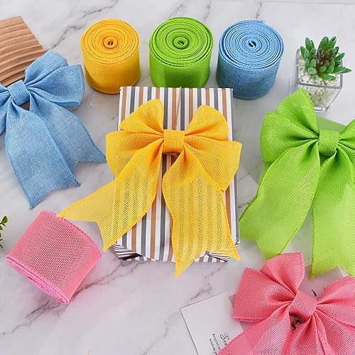 Miniatura 5 de TONIFUL 4 rollos de cinta de arpillera con alambre, amarillo, rosa, azul bebé, verde, cinta de arpillera sintética, para decoración del hogar de