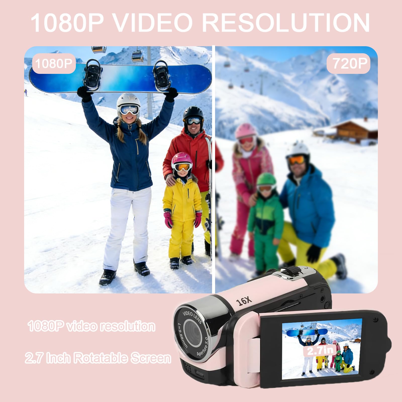 Appareil photo numérique HD 1080p, zoom 16x, écran TFT rotatif 2,7" 16 MP pour enregistrement de voyage (rose)