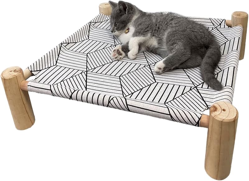 Cama Suspensa para Gatos e Cães Pozico com Estrutura de Madeira e Tela Respirável Branca White Diamond