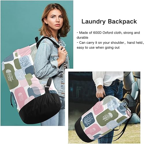 Vista 89 de Mochila de lavandería con correas ajustables para el hombro, bolsa de lavandería sucia para viajes, campamento, universidad, resistente, Rosa floral