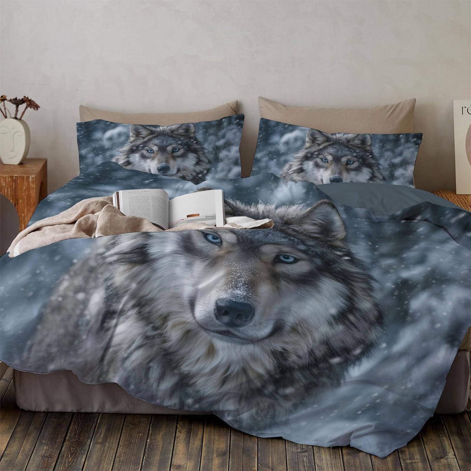 Parure de lit loup gris 220x240cm pour chambre adulte style chalet