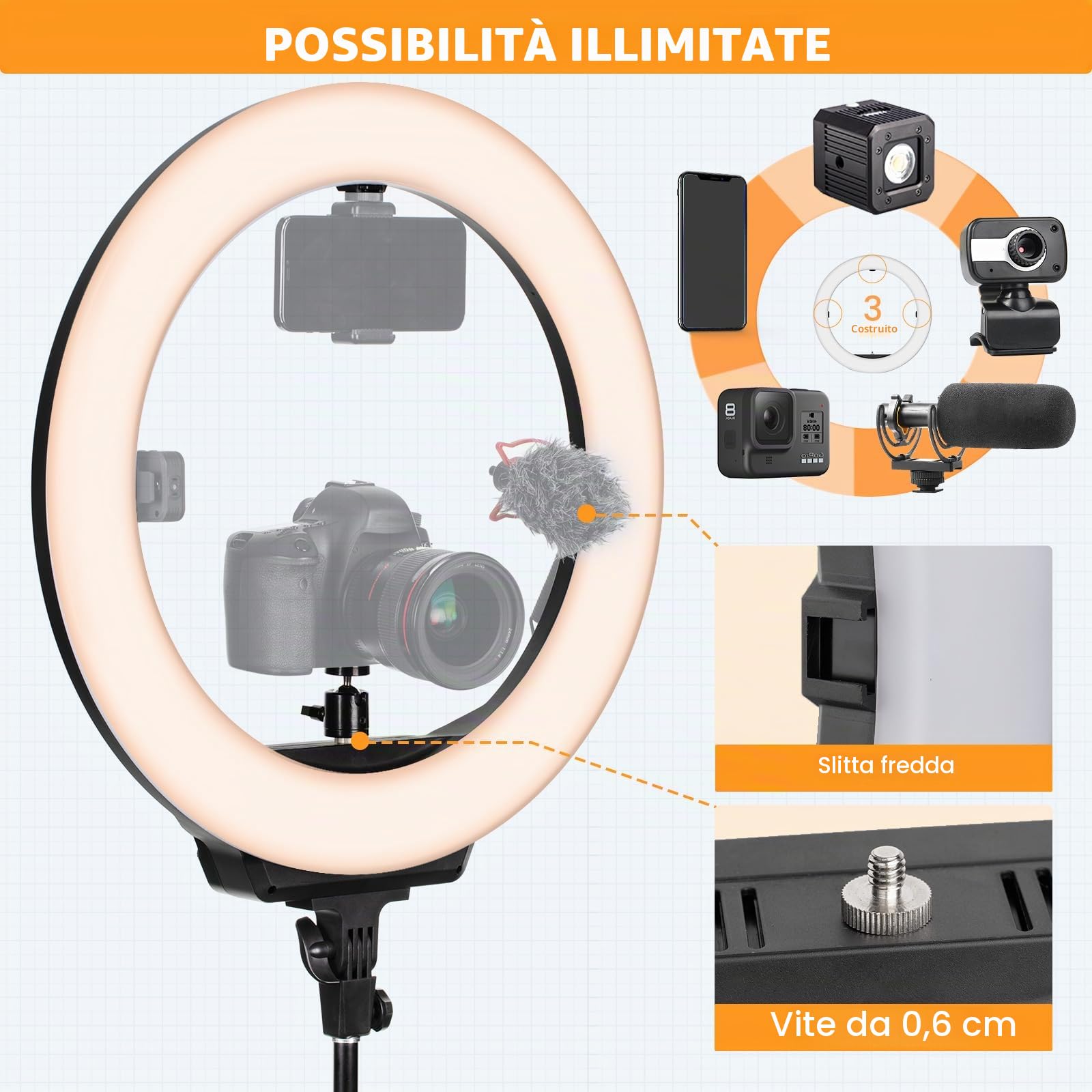 TARION R219S Luce ad anello a LED con supporto per treppiede, luce circolare dimmerabile da 19 pollici con supporto per telefono per trucco fotografico per selfie in streaming live