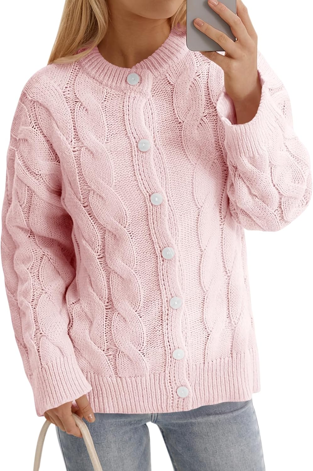 Saodimallsu Womens Cable Knit Cardigan Sweaters Long Sleeve Button Down Crewneck Casual Loose Fall Sweater Coats