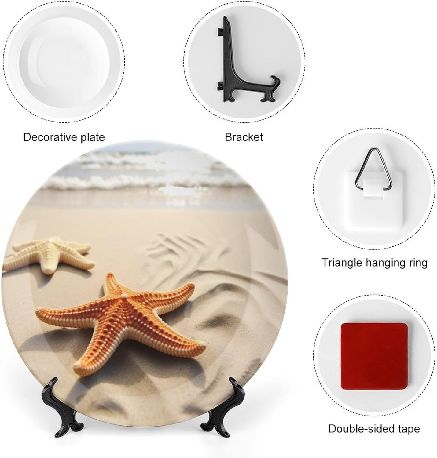 Beach Landscape Ceramic Plate 10inch Decorative Bone China Wall Hanging Ornament Plates Bohemian Style Dinner Plate with Display Stand Cabinet Display Plates for Home Art Decor