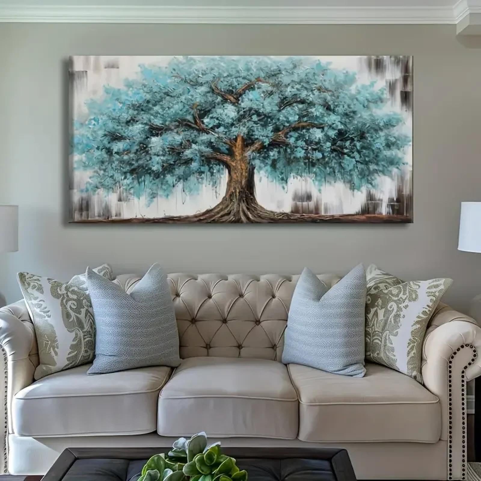 ZHAOLIN Large Tree of Life Canvas Painting Vibrant Abstract Artwork for Bedroom Living Room - Striking Blue Teal Modern Wall Decor 50x100cm Frameless