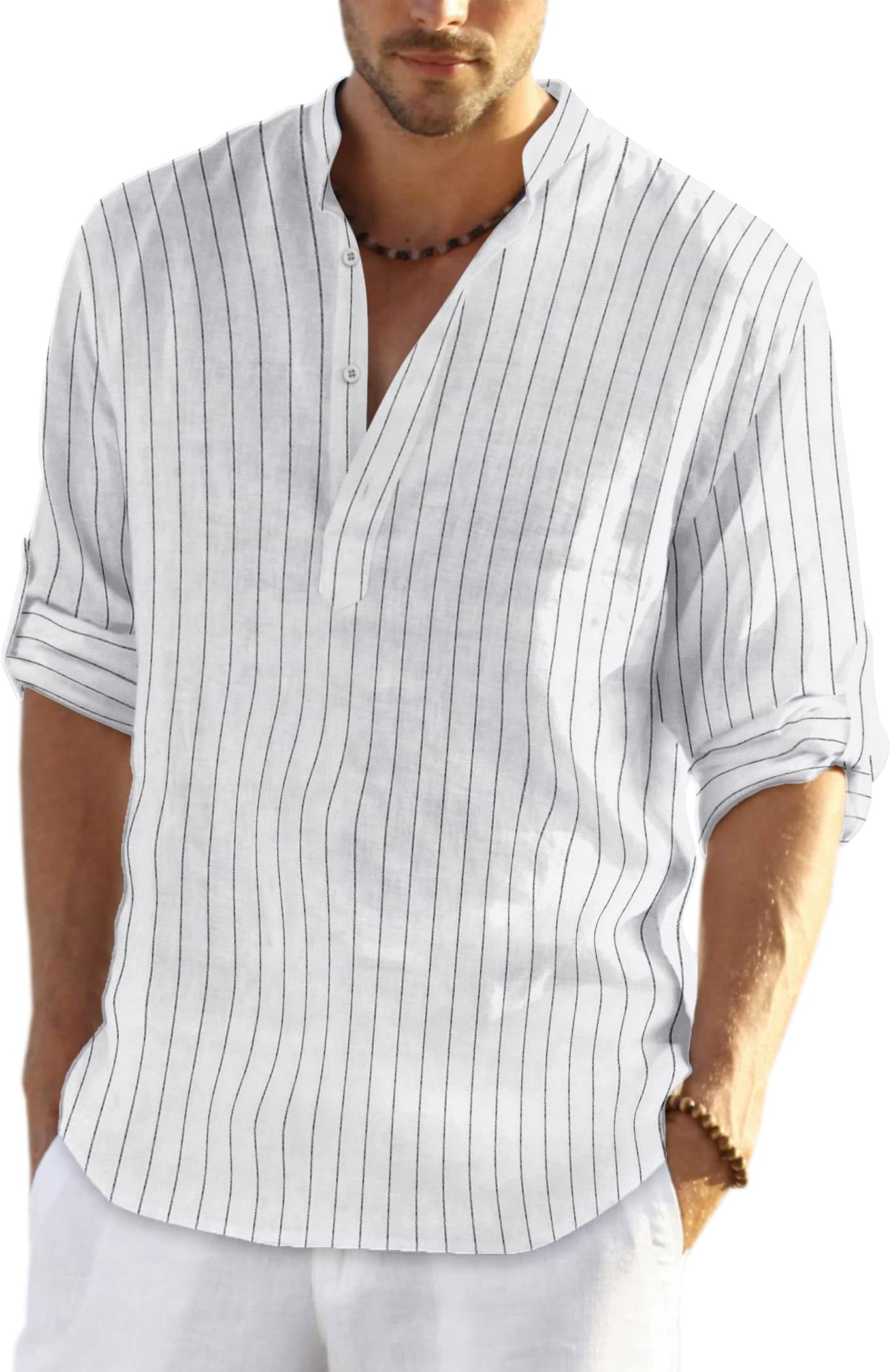 Men's Cotton Linen Henley Shirt Long Sleeve Hippie Casual Beach T Shirts Army Green