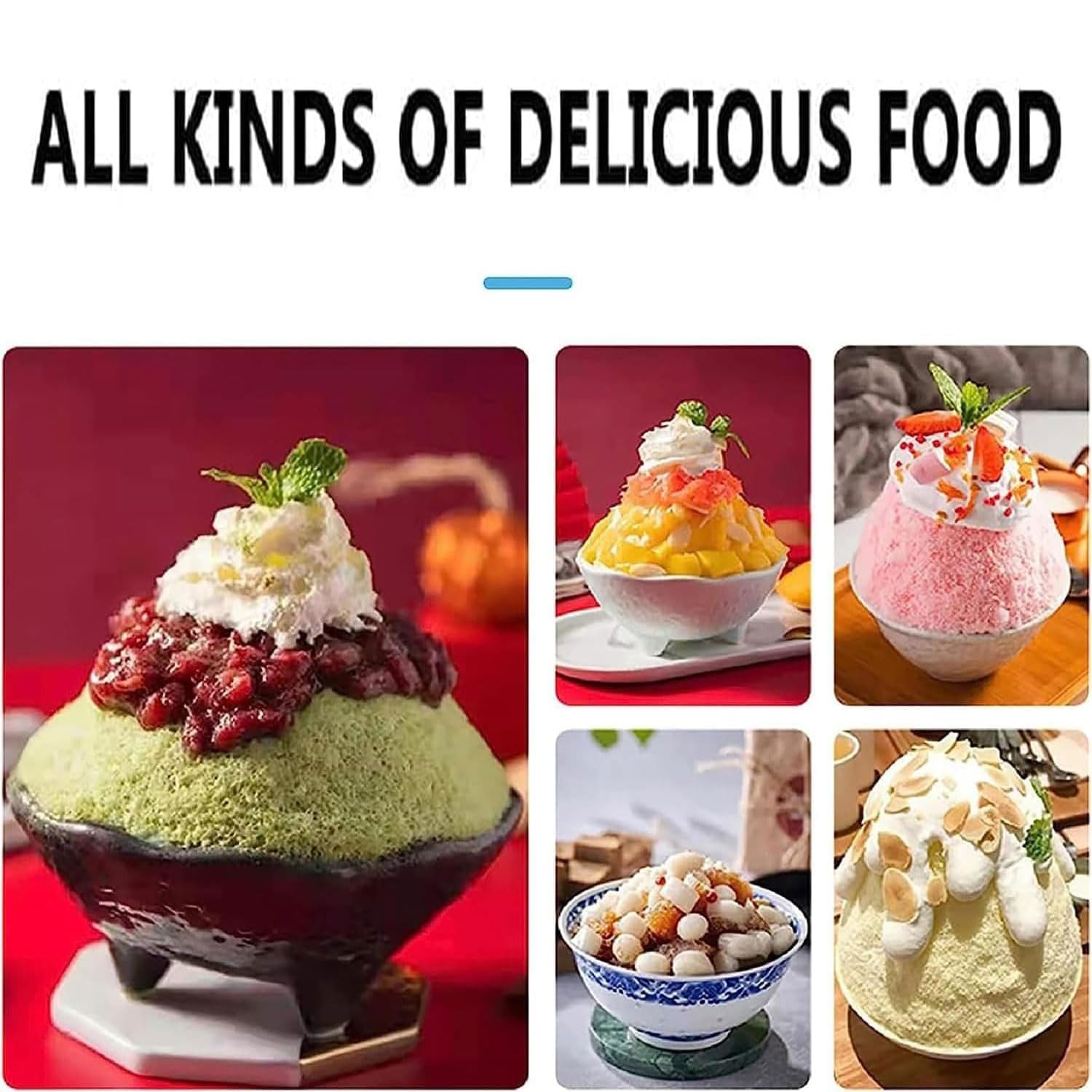 Collage of various delicious food items made with snowflake ice, including different fruit and topping combinations