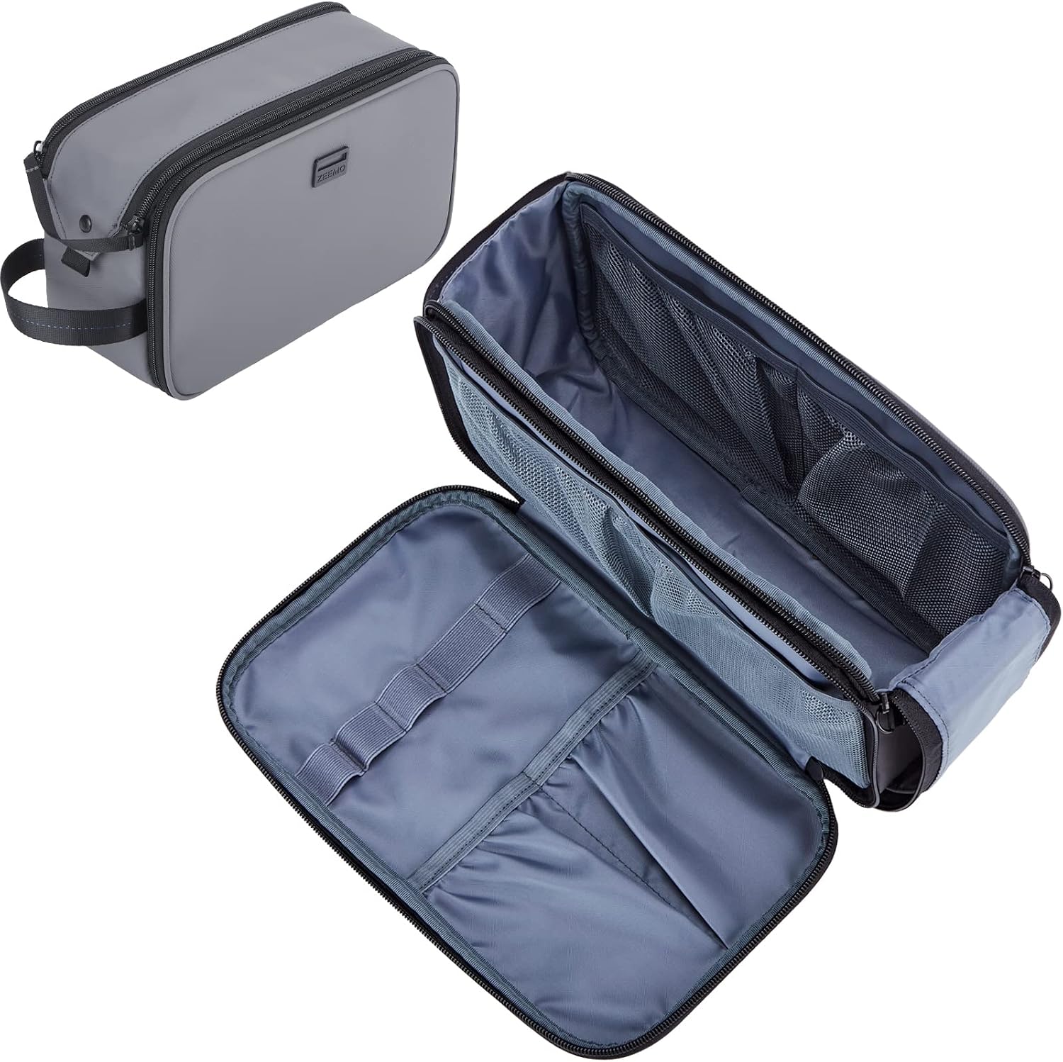 ZEEMO Toiletry Bag for Men, Water-resistant Dopp Kit with Double Side Full Open Design, Large Capacity for Toiletries and Shaving Accessories, Travel Toiletry Organizer Case, Grey