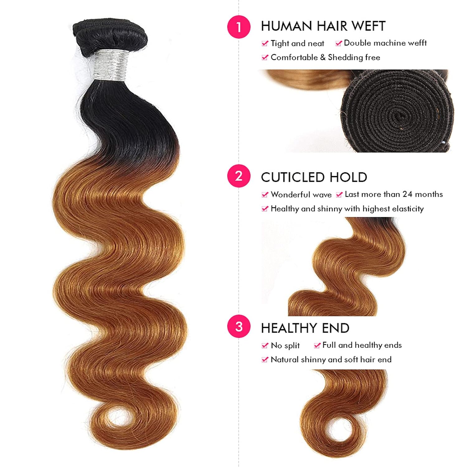 Ombre Body Wave Bundles 4x 14 Inch Remy Human Hair, 100% Unprocessed Virgin Brazilian Hair Quick Weave Deals (14/14/14/14, T1B/30)