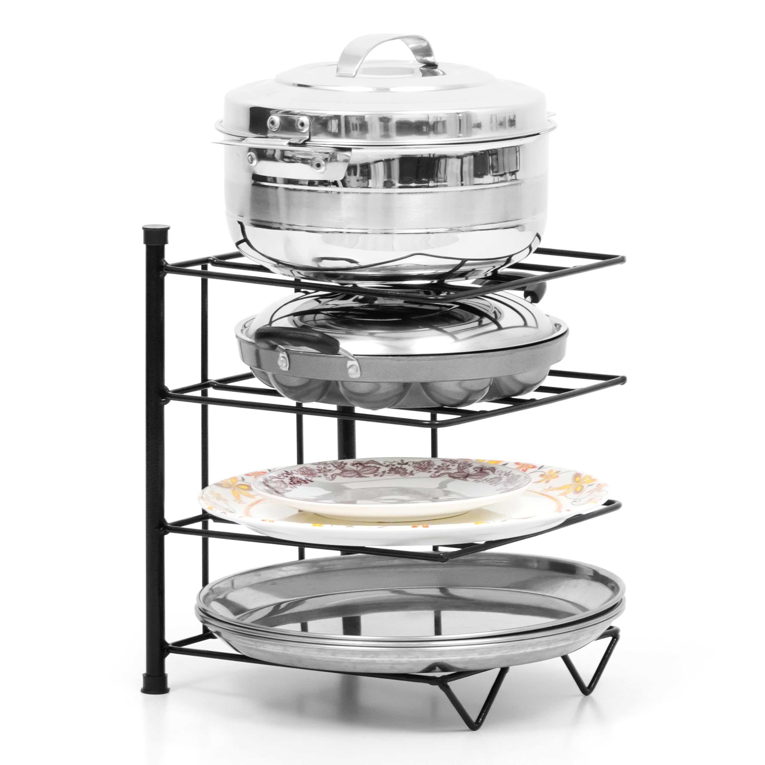 Livzing Pot Rack for Kitchen - 4 Tier Pan Organizer Stand - Tabletop Tawa Bartan Rack Holder Stand for Cooker Utensil Skillet Pan Griddle Shallow Pot Countertop Kitchen Storage Shelf Organizer,Metal