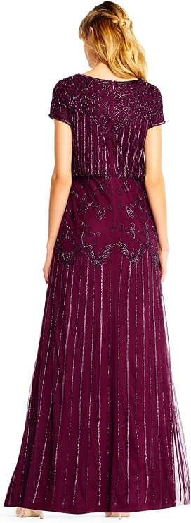 Adrianna Papell Boat Neck Short Sleeve Blouson Beaded Gown