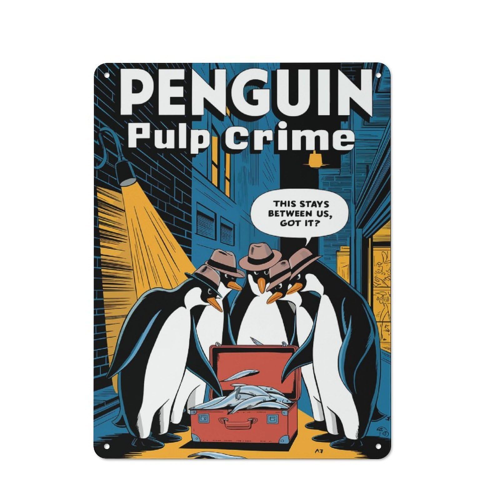 Junmoney Penguin Pulp Crime Comic Tin Wall Sign With Design 40X30cm, Classic Kitchen Wall Decor For Restaurant, Kitchen, Counter Or Breakfast Nook
