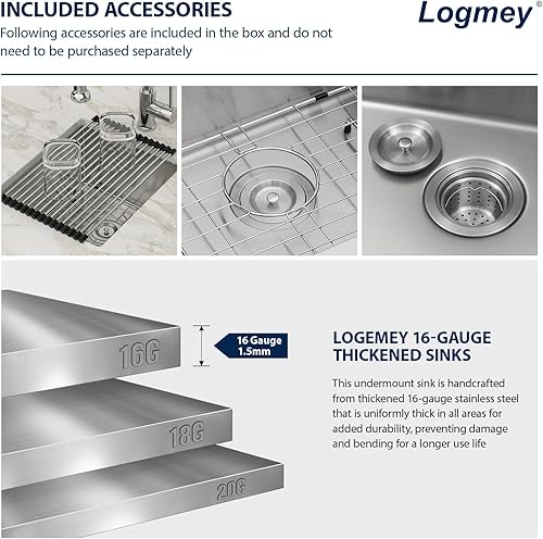 Miniatura 147 de Logmey Fregadero de barra de 21 pulgadas de acero inoxidable de 21 x 18 pulgadas, fregadero de barra pequeño de acero inoxidable de calibre 16