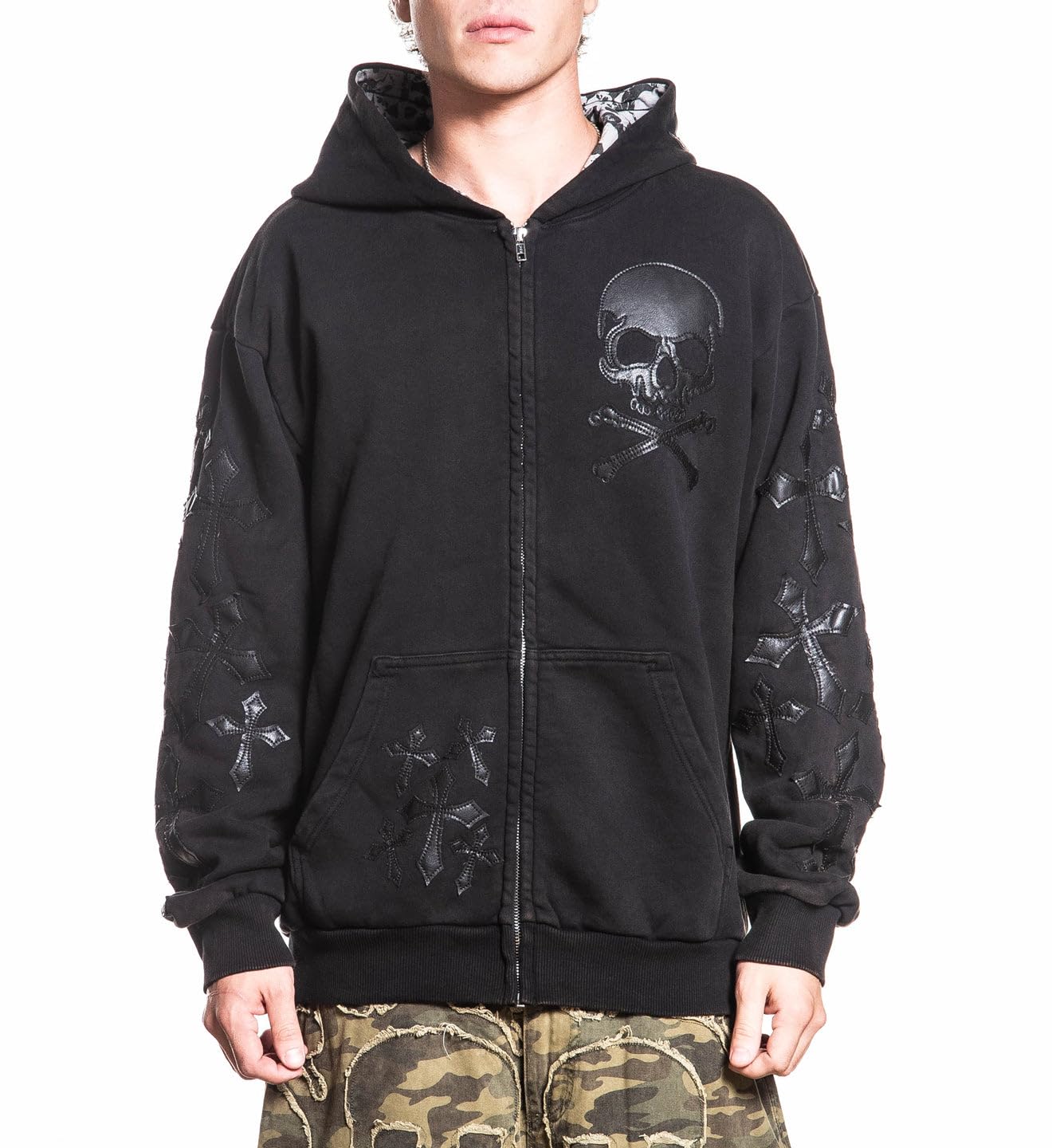 Affliction Men's Zip-Up Hoodie, Black, Skull and Crossbones Design with Cross
