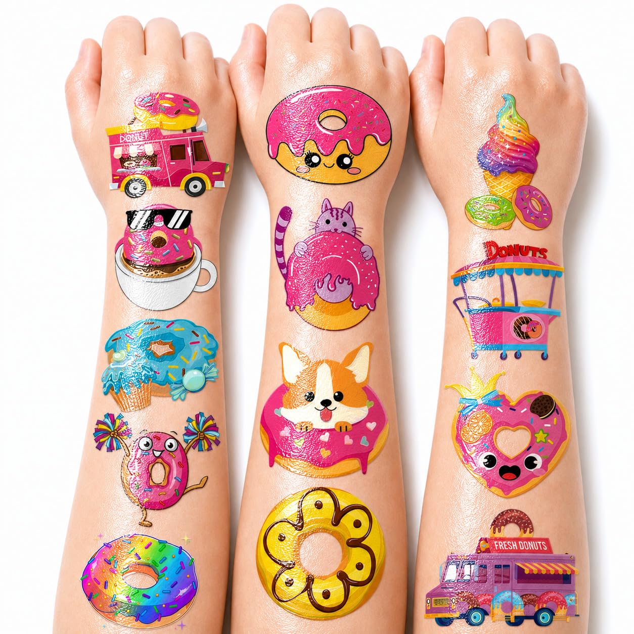 96 PCS Cute Donuts Temporary Tattoos for Kids Theme Fake Stickers | Sweet Candy Waterproof Birthday Party Favors, Supplies & Decorations Perfect For Boys Girls, Carnival Prizes & Rewards