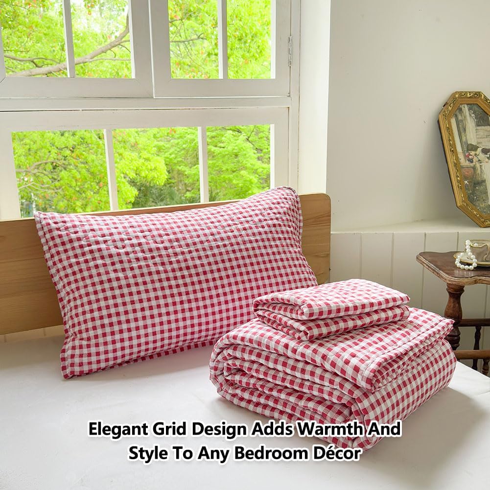 NSNLGSGC Red Gingham Queen Quilt Set, Soft Pre-Washed Microfiber Red Plaid Queen Bedspread, Lightweight Checked Summer Quilt, Grid Bedding Coverlets for All Seasons (Includes 1 Quilt, 2 Pillow Shams) - Image 4