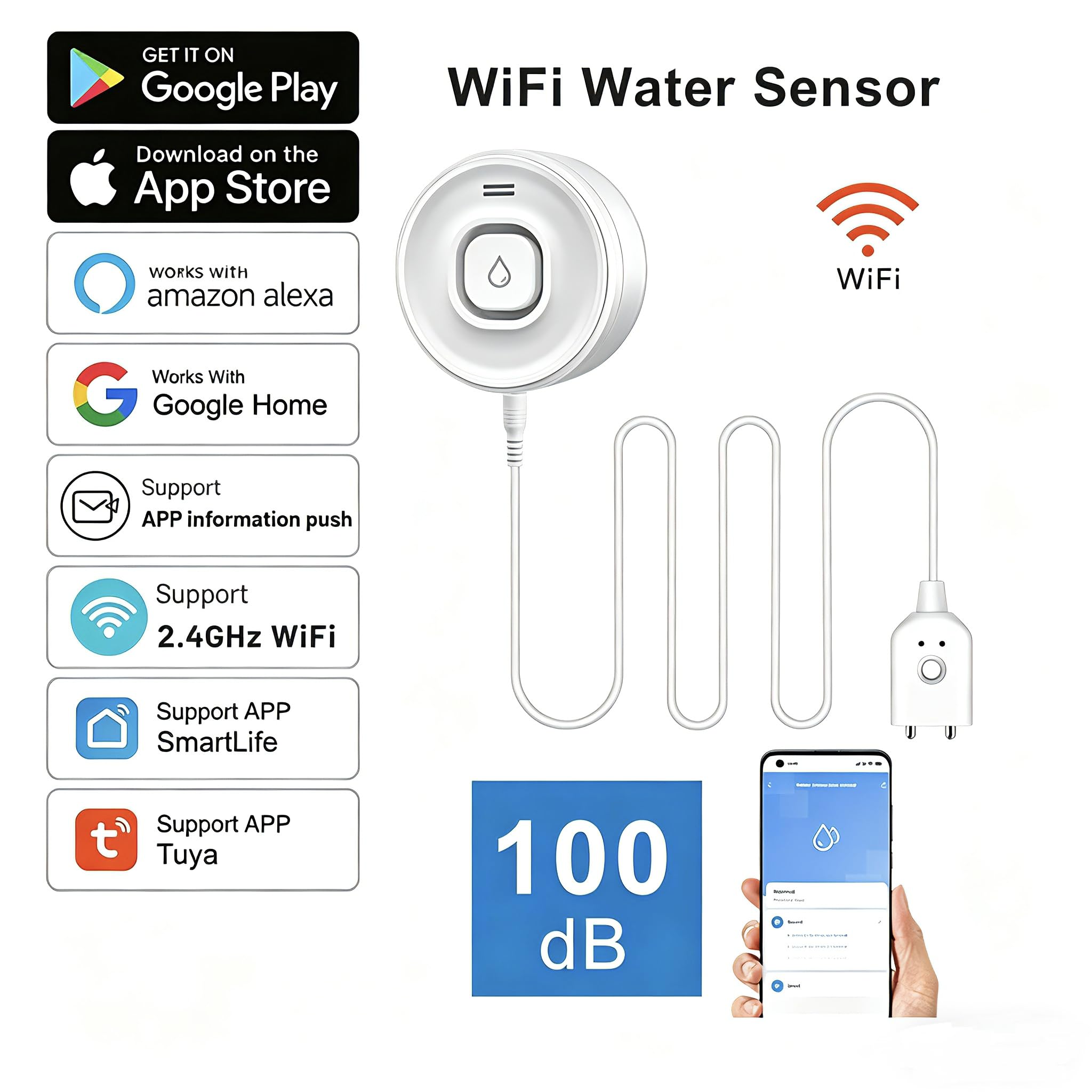 Smart WiFi Wassermelder mit 100dB Alarm & App-Push, Wasserleck-Sensor für Küche, Bad & Waschmaschine,4 Stück