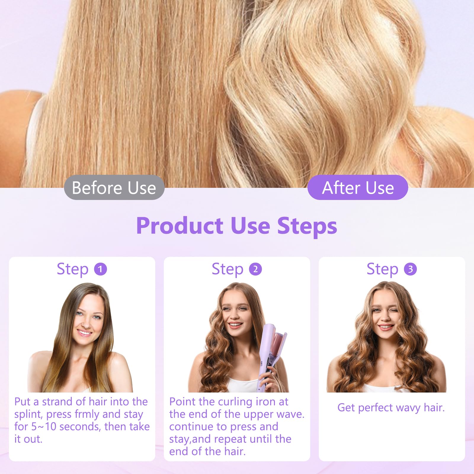 Fer à Boucler, 2 Têtes Barils wavy Fers à Friser Onduler, 32mm Fer à Onduler Céramique, Professionnel Friser Wavy Barils en Température Réglable 160-220° C Bigoudi Styling Outils Cheveux (Violet)