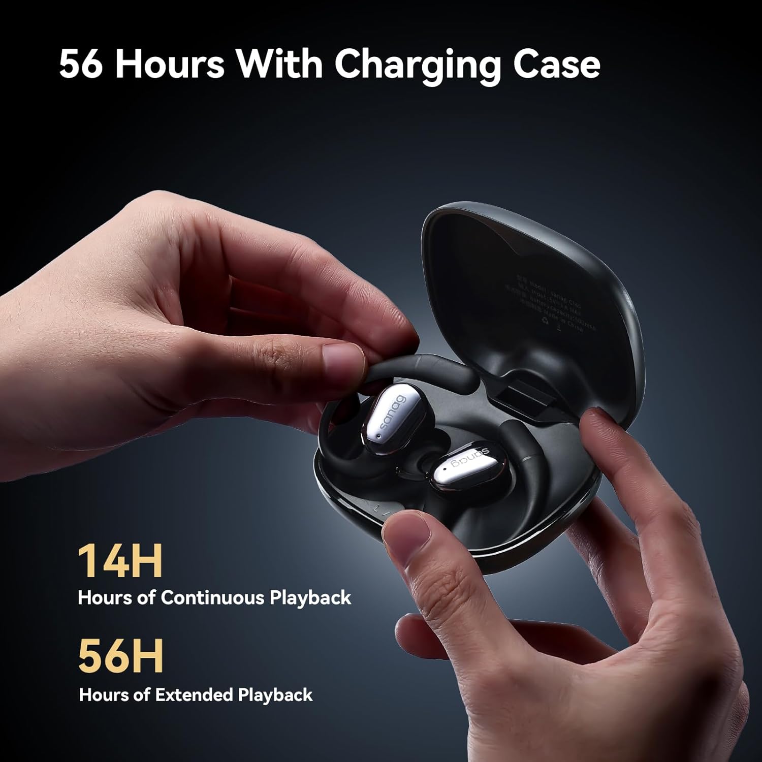 Hands holding Sanag C16S charging case, showing battery life